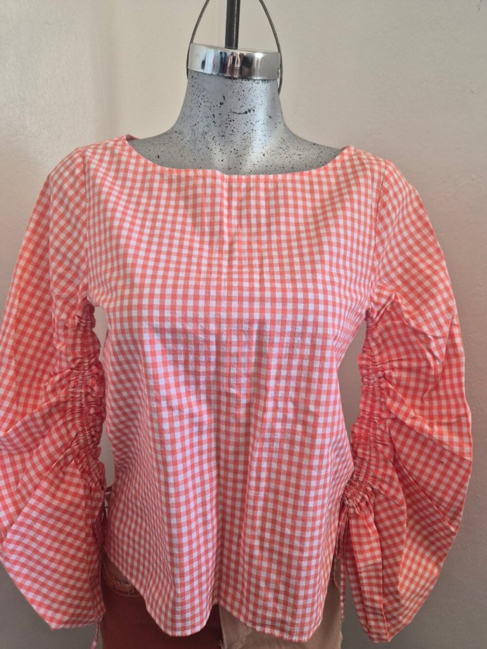 Gap Ruched Sleeve Boatneck Gingham Top